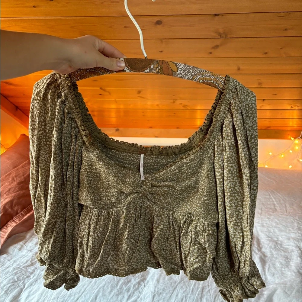 Free People Olive Green Smocked Peasant Blouse